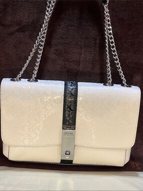 Guess White Patent Logo-Print Chain Shoulder Bag with Silver Accents